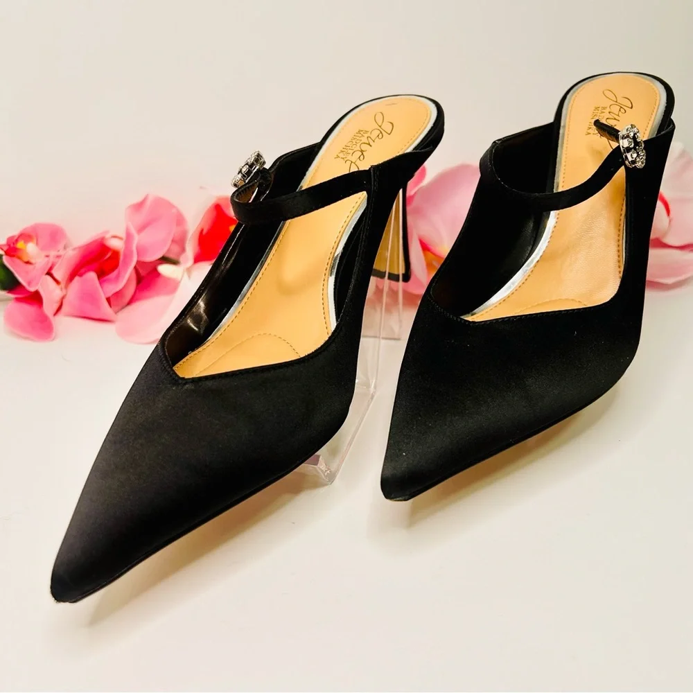 Jewel Badgley Mischka | Kaylin Pointed Toe Mule - Black Satin Heels (Size 8.5) - Picture 4 of 16
